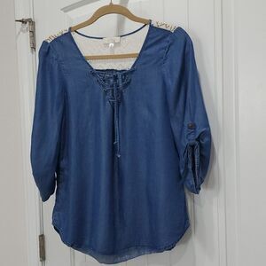 Soulmates 3/4 Sleeve Denim & Lace, Tie Front Blouse, Size Large